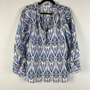 Chicos Popover Tunic Blouse Womens 1 US 8 Medium Gem Embellished Ikat V Neck